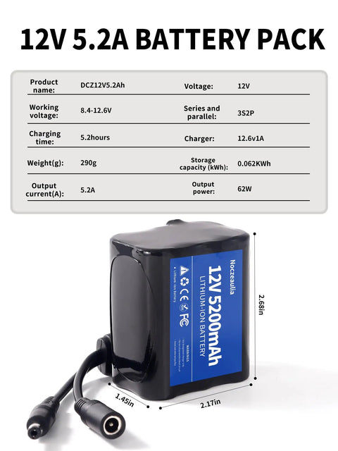 12V 5200mAh Lithium Battery Pack With 1A Charger for LED Strips, RC Cars, Boats, CCTV Cameras, Routers, and DIY Projects, dimensions labeled