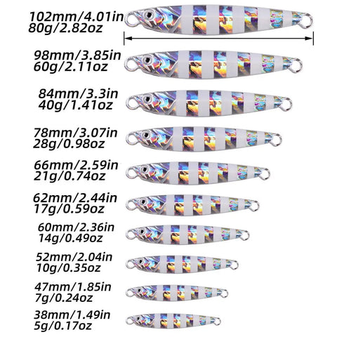 Heavy Duty 40G Saltwater Fishing Jigs Straight Fire Speed And Slow Jigging Pitching Lure Collection showing various sizes and weights.