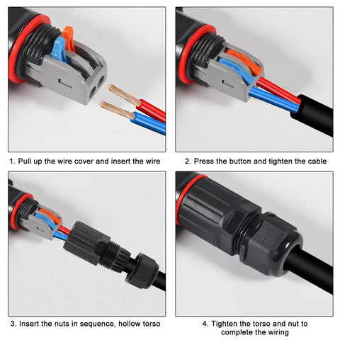 Assembly steps for 2 Pack Waterproof IP68 Outdoor Wire Connector Two Pin Junction Box Two Way T Shape Cable Connector