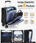 Underseat Carry On Luggage 16 Inch Softside Suitcase With Detachable Spinner Wheels Lightweight Travel Bag For Men And Women Black with 8 pockets showing open compartments with clothes, laptop, camera, and toiletries.