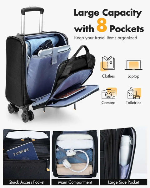Underseat Carry On Luggage 16 Inch Softside Suitcase With Detachable Spinner Wheels Lightweight Travel Bag For Men And Women Black with 8 pockets showing open compartments with clothes, laptop, camera, and toiletries.