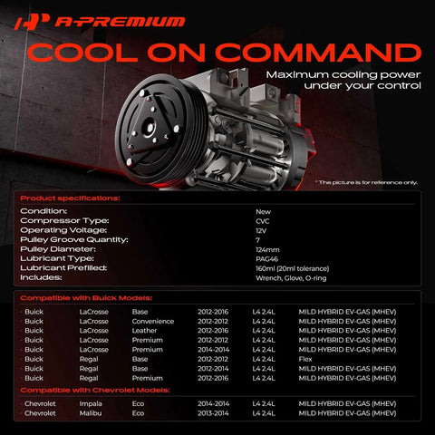 Top Shelf Air Conditioning AC Compressor With Clutch For Buick Lacrosse And Regal featuring a seven groove pulley and PAG46 oil specifications.
