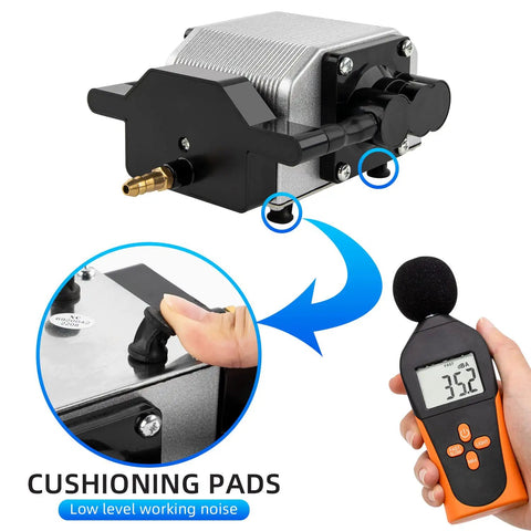 AP30A Portable Air Assist Pump 0 To 30 Liters Per Minute Adjustable Airflow For CNC Engraving Machines showing cushioning pads and noise level meter