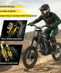 Adult Off Road Electric Dirt Bike Featuring A Badass 16800W Peak Motor And Massive 72V 50Ah Battery For Serious Torque Beast Mode Riding Along With Dual Shock Suspension And Grippy Wide Tires in action with rear shock absorber and hydraulic front fork.