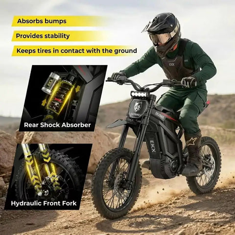 Adult Off Road Electric Dirt Bike Featuring A Badass 16800W Peak Motor And Massive 72V 50Ah Battery For Serious Torque Beast Mode Riding Along With Dual Shock Suspension And Grippy Wide Tires in action with rear shock absorber and hydraulic front fork.
