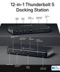 Top Shelf 12-In-1 Thunderbolt 5 Docking Station Featuring Integrated M.2 NVMe Bay Yields Dual 6K Outputs On Mac And Pushes Sick Triple 4K 144Hz Video For Creator Workstations Fr While Delivering A Rocksteady 140W PD Charge Cleanly, labeled ports view.