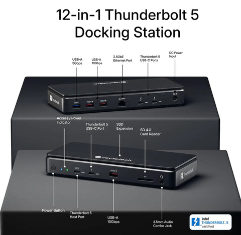 Top Shelf 12-In-1 Thunderbolt 5 Docking Station Featuring Integrated M.2 NVMe Bay Yields Dual 6K Outputs On Mac And Pushes Sick Triple 4K 144Hz Video For Creator Workstations Fr While Delivering A Rocksteady 140W PD Charge Cleanly, labeled ports view.