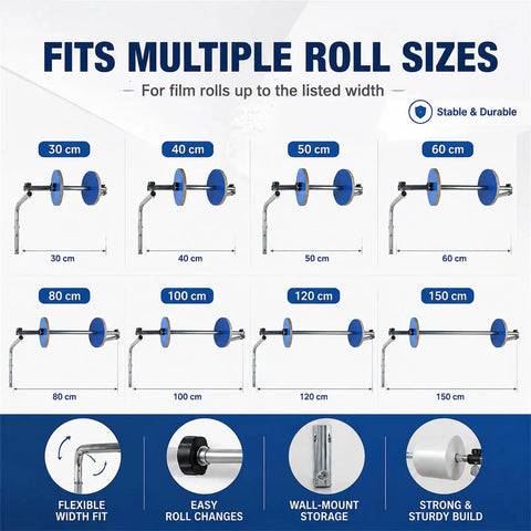 Fits multiple roll sizes for heavy duty wall mount bubble wrap dispenser and steel foam roll holder.
