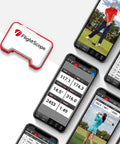 Portable Golf Launch Monitor Mevo shown with app interface displaying swing data and video, 3D Doppler radar technology
