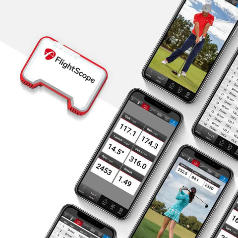 Portable Golf Launch Monitor Mevo shown with app interface displaying swing data and video, 3D Doppler radar technology