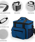 Nautical Style Insulated Cooler Tote For Travel And Picnics Large Lunch Bag Beach Ready Car Cooler Leak Proof Oxford Tote With Heavy Duty Handle And Adjustable Strap, blue with pockets and strap details.