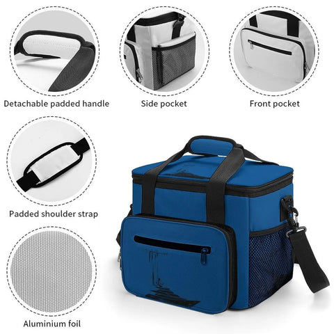 Nautical Style Insulated Cooler Tote For Travel And Picnics Large Lunch Bag Beach Ready Car Cooler Leak Proof Oxford Tote With Heavy Duty Handle And Adjustable Strap, blue with pockets and strap details.