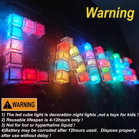Light Up LED Ice Cubes For Drinks, 120 Pack Waterproof Multi Color Glow With Liquid Sensor spelling 'LAL' on dark surface