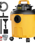 Five Gallon Wet Dry Shop Vacuum 60 CFM 6 HP Peak Power Beast Suction Portable 3 In 1 With Filter Hose And Attachments Black Yellow