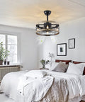 Farmhouse Style Ceiling Fan With Light And Remote Caged Low Profile Flush Mount Ceiling Fan In Black And Wood in bedroom
