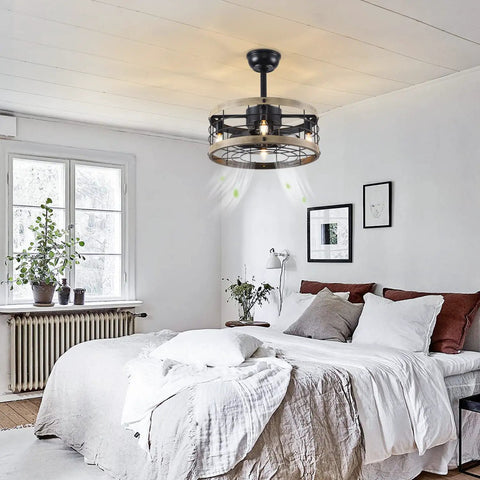 Farmhouse Style Ceiling Fan With Light And Remote Caged Low Profile Flush Mount Ceiling Fan In Black And Wood in bedroom