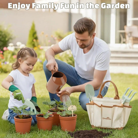 Kids Gardening Tool Set For Ages 3 To 6 With Tote Bag Gloves Shovel Rake Cultivator Watering Can And Flower Pots used by child and adult