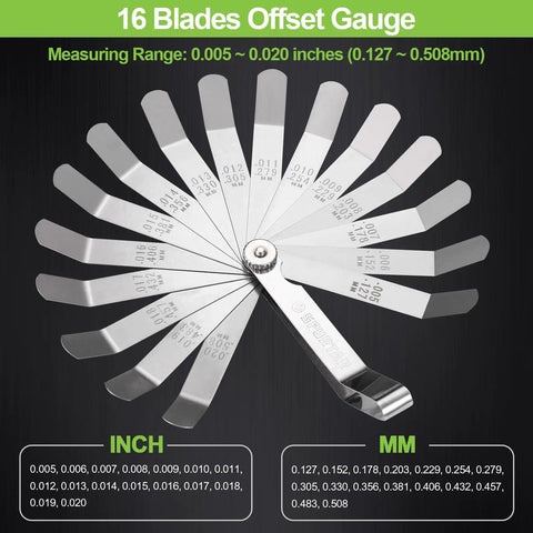Feeler Gauge Set With 32 Tapered And 16 Offset Blades For Valve Clearance And Auto Maintenance, Ideal For Valves, Ignition, And Machinery Alignment, Measures 0.001 To 0.040 In (0.03 To 1.00 Mm) And 0.005 To 0.020 In (0.127 To 0.508 Mm). 16 offset blades displayed
