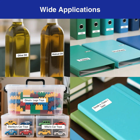 Bluetooth Label Maker With Keyboard And App For Quick Labeling 4 Tapes Included 30 Plus Fonts 660 Plus Icons Rechargeable Inkless Labeler For Home Office Kitchen Pantry School Garage And Organization No Fuss Labeling showing labeled bottles, folders, and storage boxes.