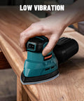 Top Shelf Palm Sander Delivering Knockout 12000 RPM Detail Sanding Performance For Wood And Metal Projects being used on wood surface.