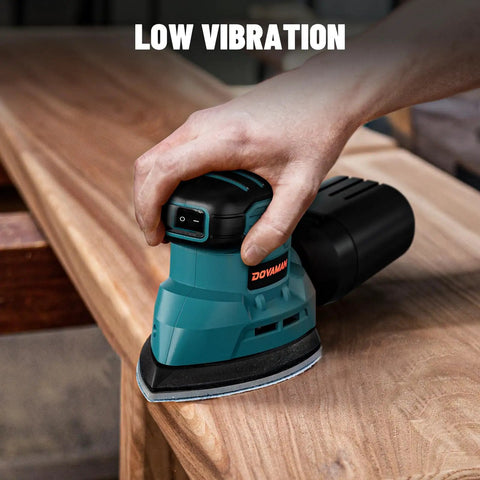 Top Shelf Palm Sander Delivering Knockout 12000 RPM Detail Sanding Performance For Wood And Metal Projects being used on wood surface.