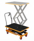 Heavy Duty Hydraulic Scissor Lift Table Cart Offering 770 Pound Capacity And 50 Inch Raising Height With Tough As Nails Construction, showing raised tabletop.