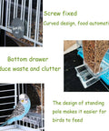 No Mess Acrylic Bird Feeder With Built In Perch And Secure Lid For Parakeets Finches Lovebirds And Canaries showing screw fix, curved design for easy feeding.
