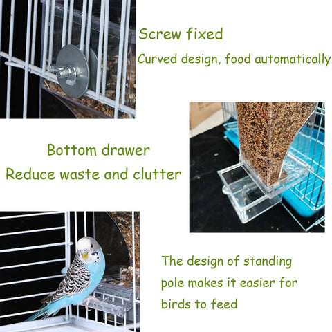 No Mess Acrylic Bird Feeder With Built In Perch And Secure Lid For Parakeets Finches Lovebirds And Canaries showing screw fix, curved design for easy feeding.