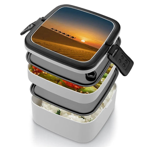 Desert Camel Silhouette Bento Box For Adults 1000ml Double Layer Leakproof Lunch Box with Spoon and Handle, stackable design.