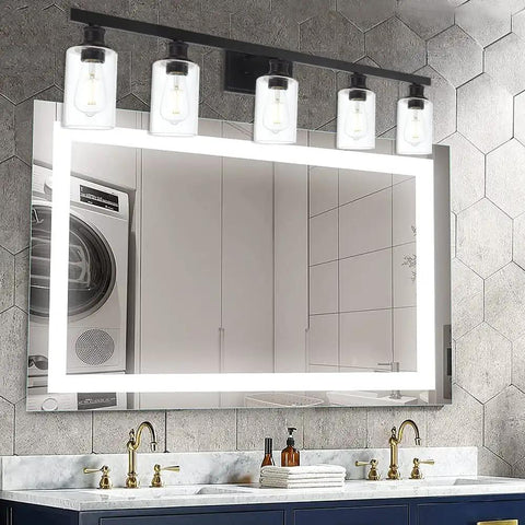 Farmhouse Style 5-Lights Vanity Sconce Set With Clear Glass Shades Black Metal Backplate Wall Lighting For Bathroom Hallway And Dining Room