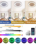 19 Inch Enclosed Bladeless Flush Mount Ceiling Fan with RGB Dimmable Light in three color temperatures and remote control display.