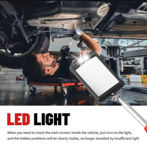 Extendable Car Inspection Mirror With Light 12 To 35 Inch Telescoping Tool LED View 360 Degree Adjustable Non Slip Grip For Tight Spots Under Dash And Engine Bay Easy Reach Vision, mechanic using LED mirror under car