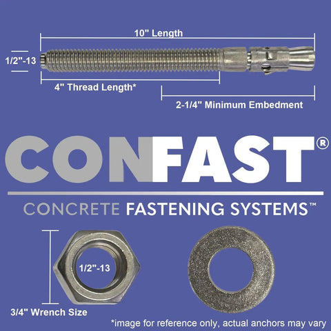 1/2 Inch By 10 Inch Zinc Plated Wedge Anchor For Concrete Use Only, Dry Environment Rated, showing components and dimensions
