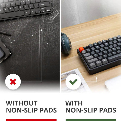 Comparison image of keyboard on scratched surface without Non Slip Rubber Strips Eight Pack Self Adhesive Grip Pads, and stable with them.