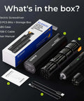 Electric Screwdriver Set With 33 Magnetic Bits, USB-C Cable, and User Manual displayed in box with labelled contents