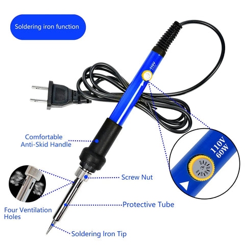 All In One Soldering Gear Kit With 60W Adjustable Temp And Digital Multimeter, features soldering iron with anti-skid handle