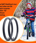 Child riding bike in snow with Self-Sealing 20 Inch Bike Tubes AV32mm With Schrader Valve Puncture-Resistant And Ride-Ready