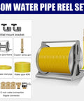Top Notch Stainless Steel Garden Hose Reel Wall Mount With Swivel Bracket showcasing a yellow 40m water pipe and copper spray gun.