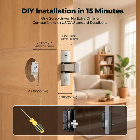 Video Smart Lock With Camera And Three In One Smart Deadbolt For Front Doors shown installed on wooden door with DIY measurements.