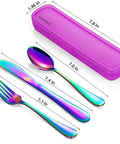 4 Piece Stainless Steel Travel Utensils Set with Reinforced Case and Buckle, Rainbow Finish, Includes Fork Spoon Knife, Portable