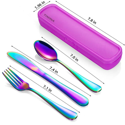 4 Piece Stainless Steel Travel Utensils Set with Reinforced Case and Buckle, Rainbow Finish, Includes Fork Spoon Knife, Portable