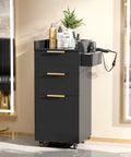 Black Rolling Salon Cart With Three Tier Design Two Drawers And Adjustable Shelf Hair Dryer Holder in salon setting
