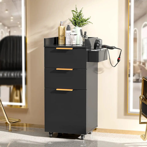 Black Rolling Salon Cart With Three Tier Design Two Drawers And Adjustable Shelf Hair Dryer Holder in salon setting