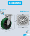 Heavy Hitter Industrial Casters Set Of 4 With Smooth Operator Polyurethane Tread Non Marking Cast Iron Core 5200 Lbs Max Load Rating dimensions with measurements and mounting plate.