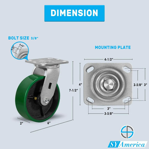 Heavy Hitter Industrial Casters Set Of 4 With Smooth Operator Polyurethane Tread Non Marking Cast Iron Core 5200 Lbs Max Load Rating dimensions with measurements and mounting plate.
