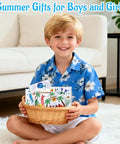 Child holding 24 Piece Summer Crafts Kit For Kids Ages 4 To 8, Ocean Theme Coloring Puzzles With Mermaid, Fish, Starfish, Crab And Shells.