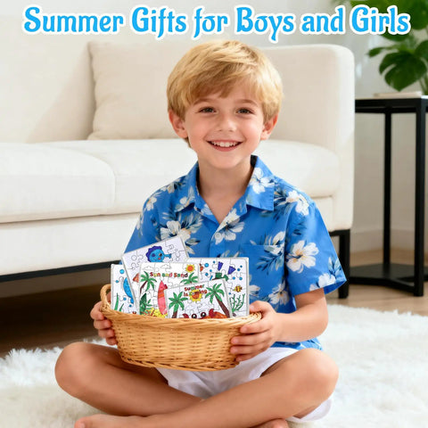 Child holding 24 Piece Summer Crafts Kit For Kids Ages 4 To 8, Ocean Theme Coloring Puzzles With Mermaid, Fish, Starfish, Crab And Shells.