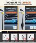 Road Ready Portable EV Charger Providing Zero Hassle Level One And Two Charging At 16 Amps Features J1772 Connector image showing NEMA 6-20 and NEMA 5-15 plugs setup.