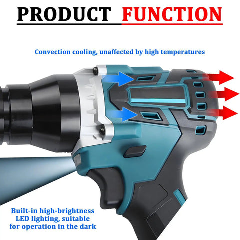Cordless Rivet Nut Tool Kit with Electric Pop Rivet Gun showing convection cooling and LED lighting