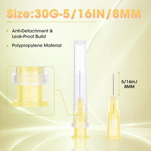 30G Luer Lock Needles 5/16 Inch Sterile Disposable tips showing anti-detachment design and polypropylene hub.